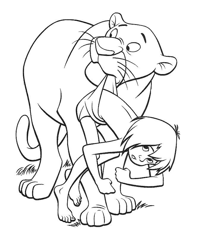 Coloriage de Bagheera avec Mowgli