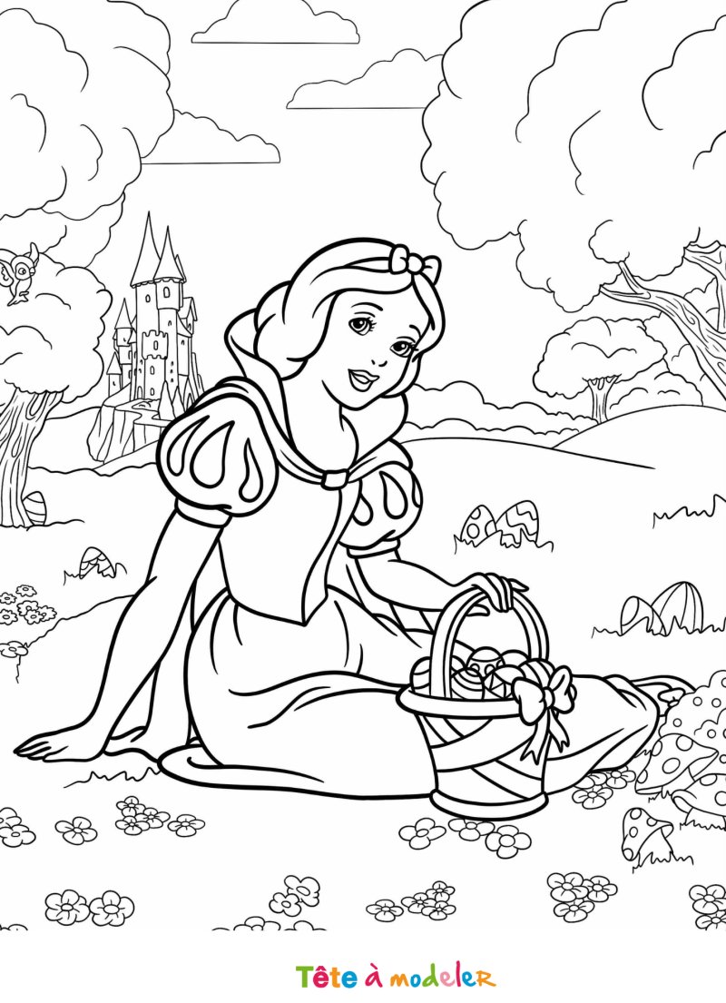Coloriage de Blanche Neige à Pâques