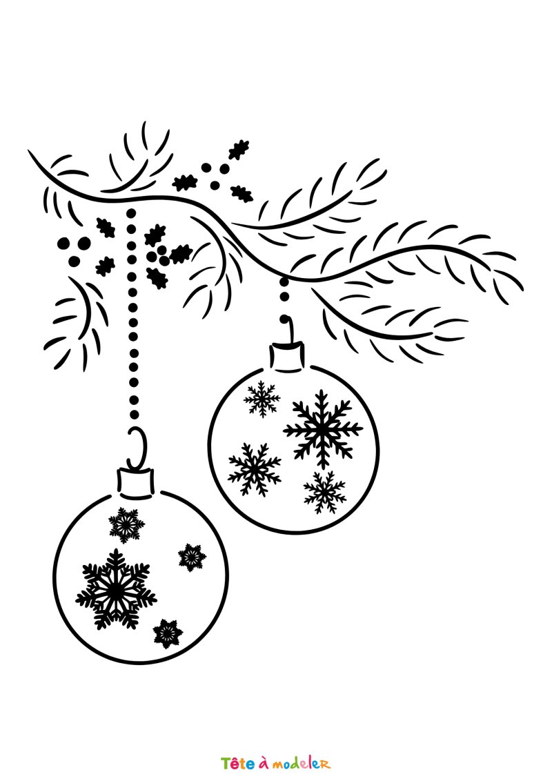 Le coloriage de deux boules de Noël sur une branche à imprimer
