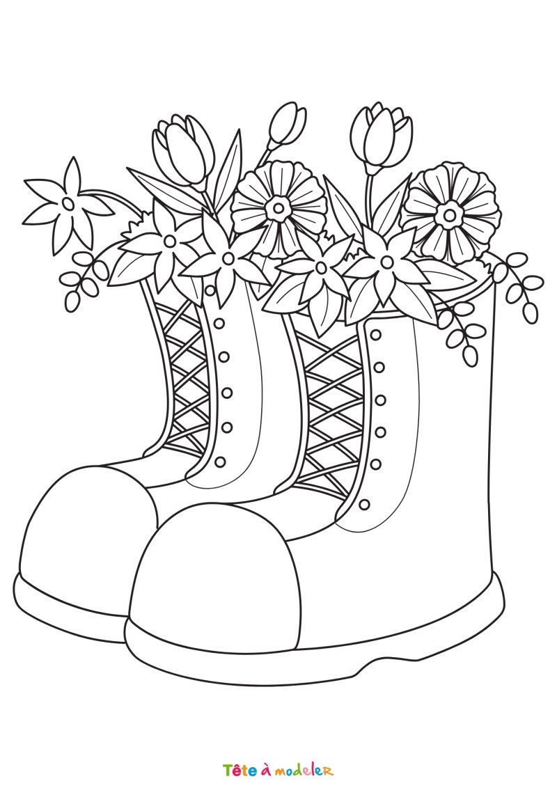 Coloriage de fleurs dans des bottes