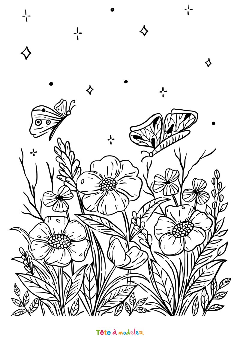 Coloriage de fleurs et papillons