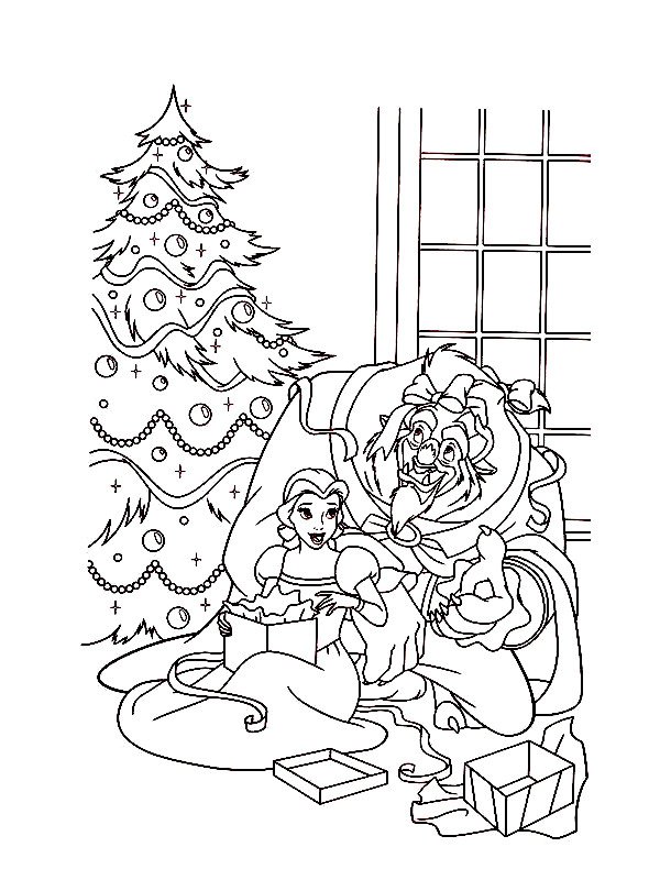 Coloriage de la Belle et la Bête à Noël