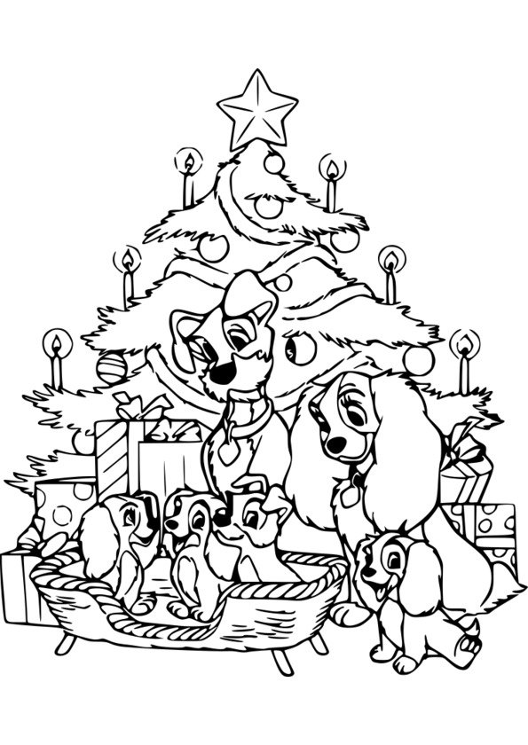 Coloriage de la Belle et le Clochard à Noël