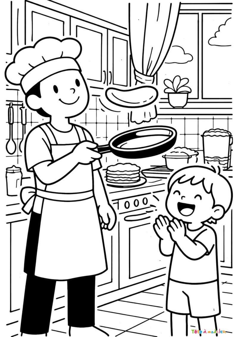 coloriage de la chandeleur : faire sauter les cr&egrave;pes