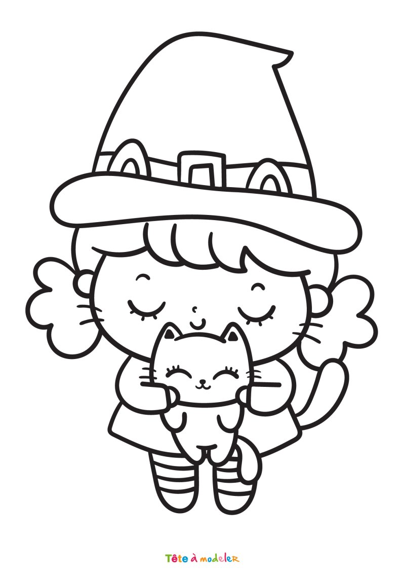 Coloriage d'une sorcière et son chat