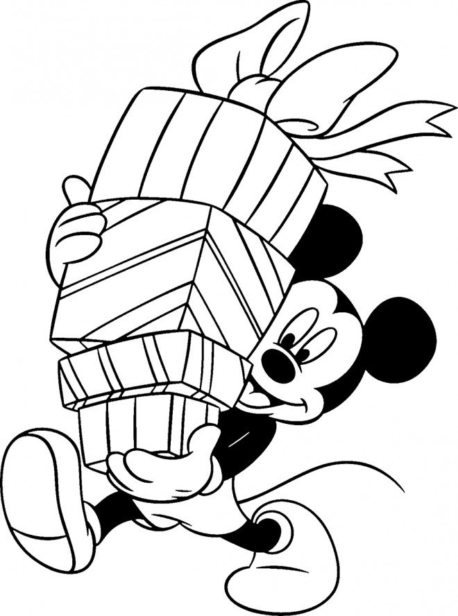 Coloriage de Mickey et ses cadeaux de Noël