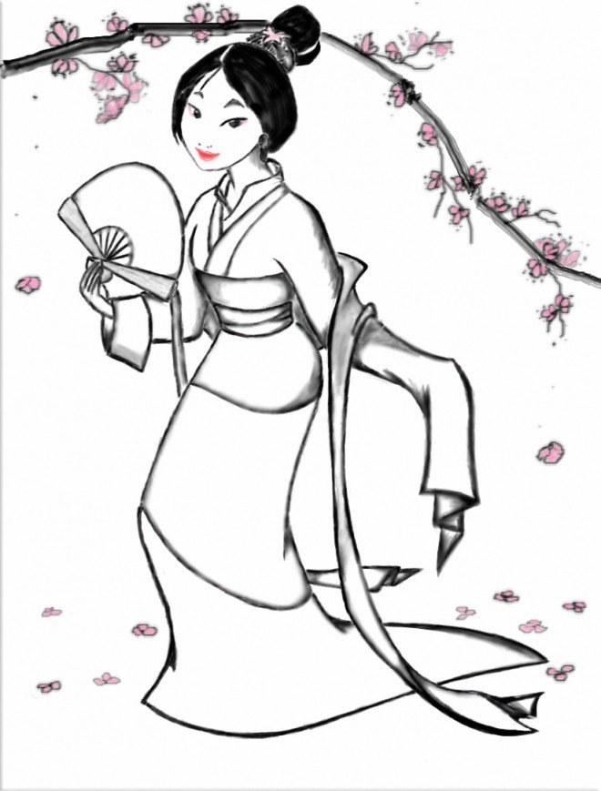 Coloriage de Mulan en kimono