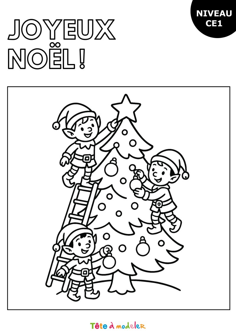 Coloriage de Noël pour les CE1 : les lutins de Noël