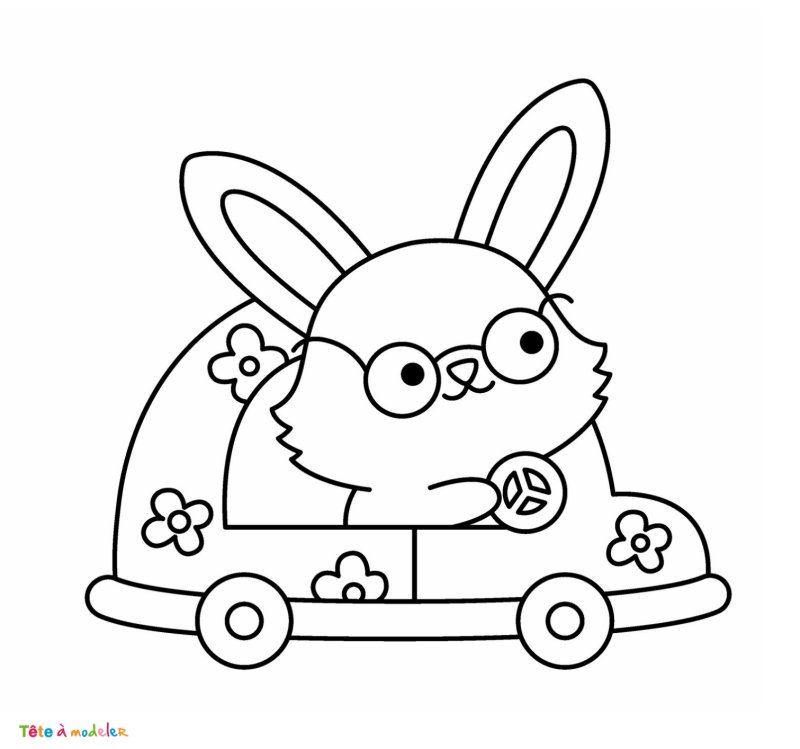 Coloriage d'un lapin dans une voiture