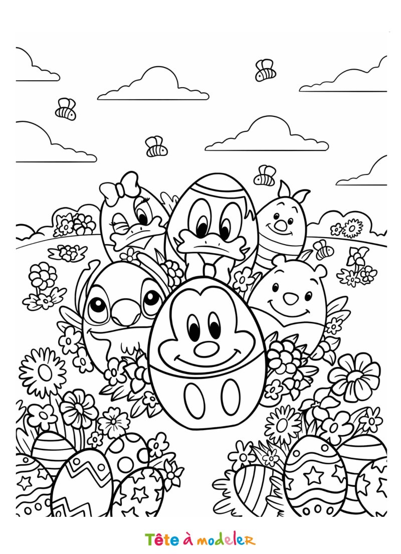 Coloriage de personnages Disney à Pâques