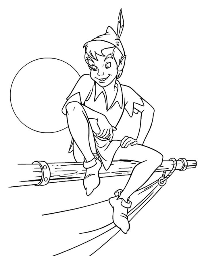 Coloriage de Peter Pan assis sur le bateau pirate