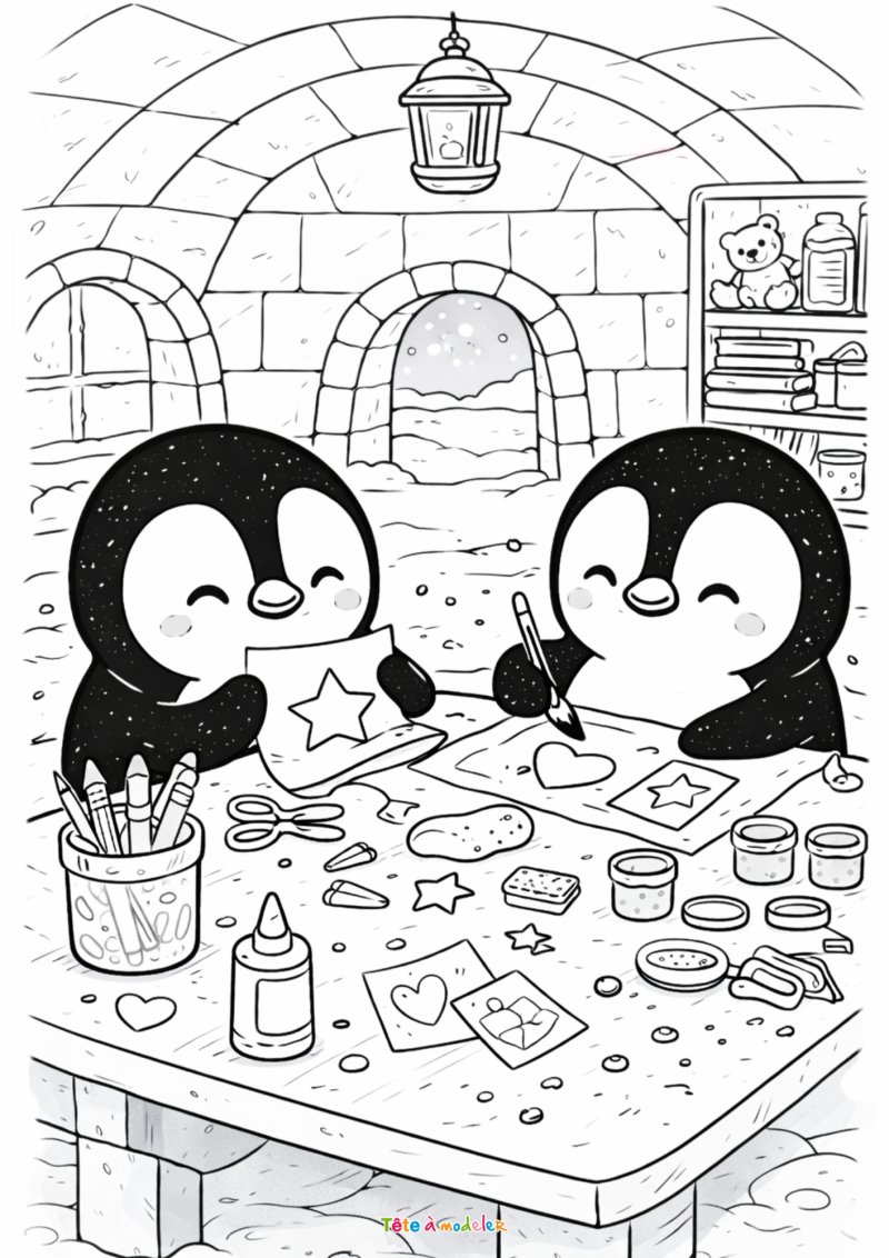 Coloriage de pingouins créatifs dans un igloo à imprimer gratuitement