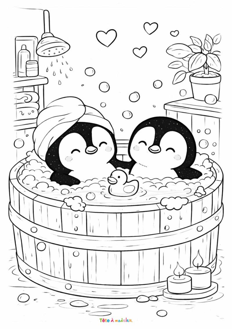 Coloriage de pingouins dans un jacuzzi à imprimer gratuitement