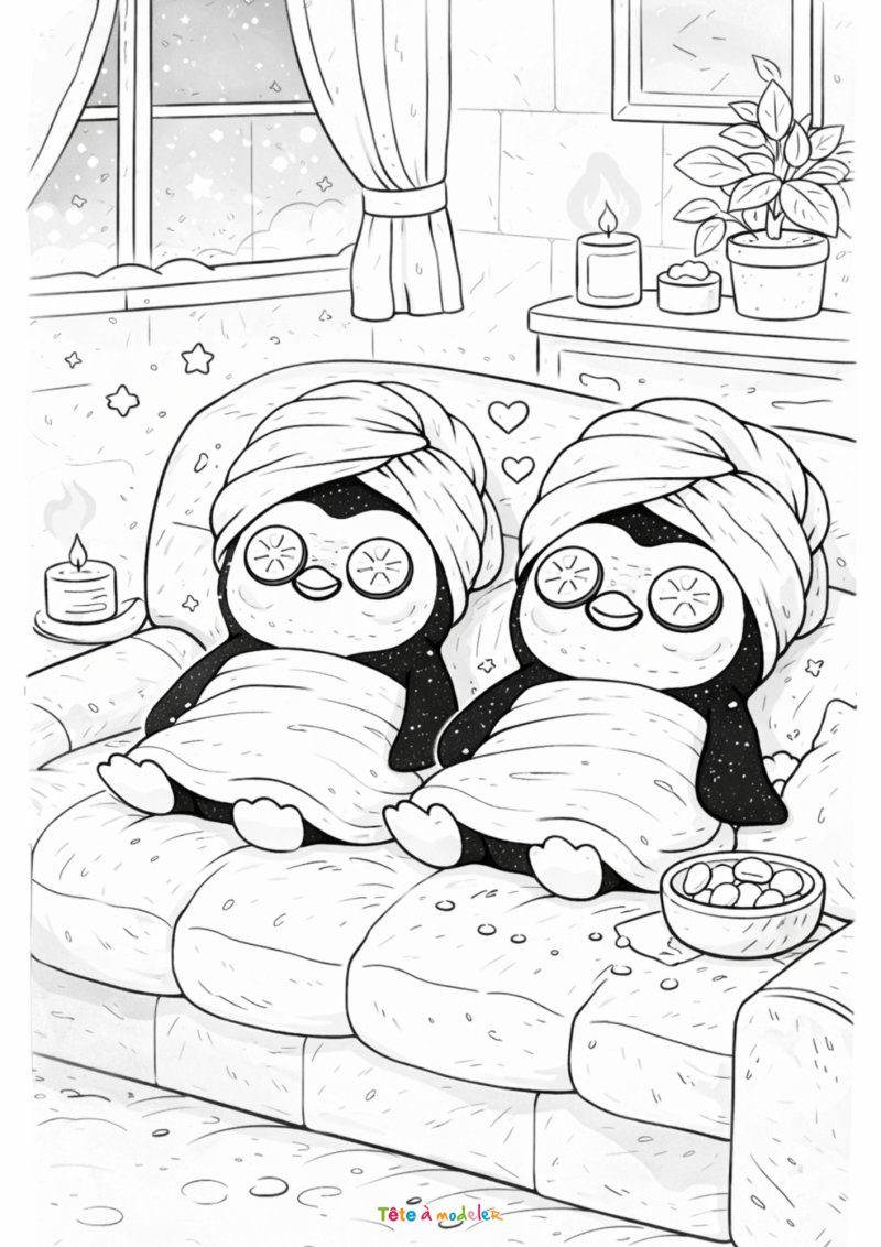 Coloriage de pingouins en mode détente sur un canapé à imprimer gratuitement