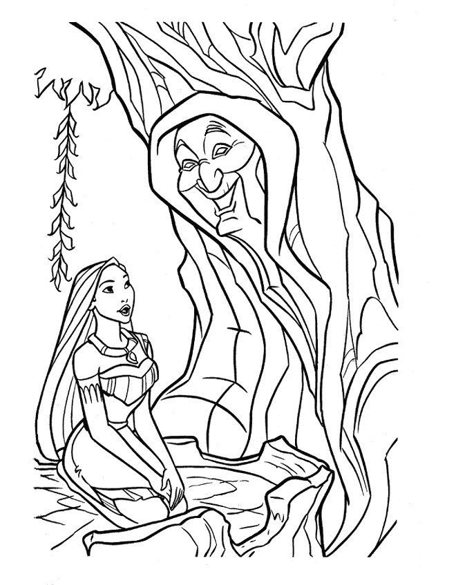 Coloriage de Pocahontas et Grand Mère feuillage