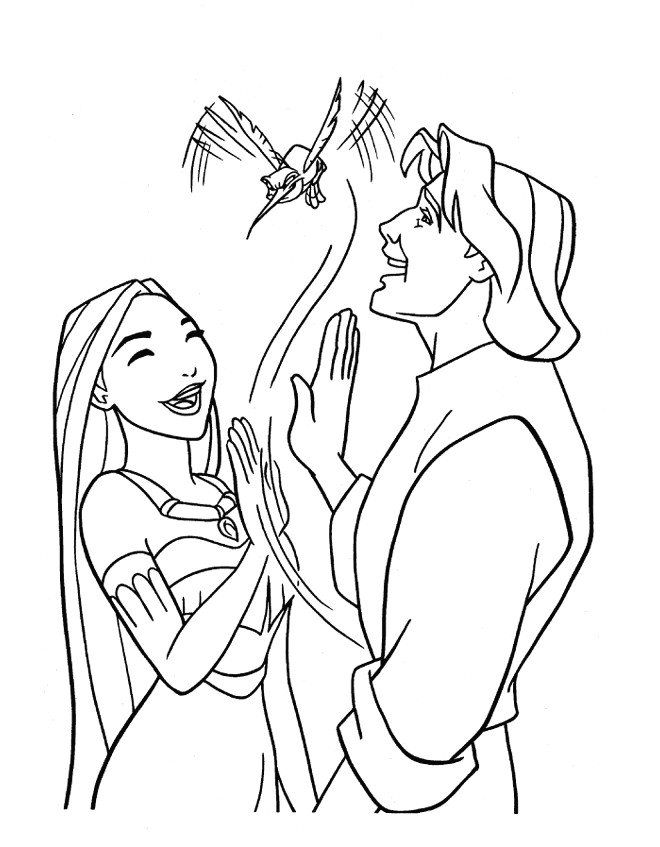 Coloriage de Pocahontas, Flit et John Smith