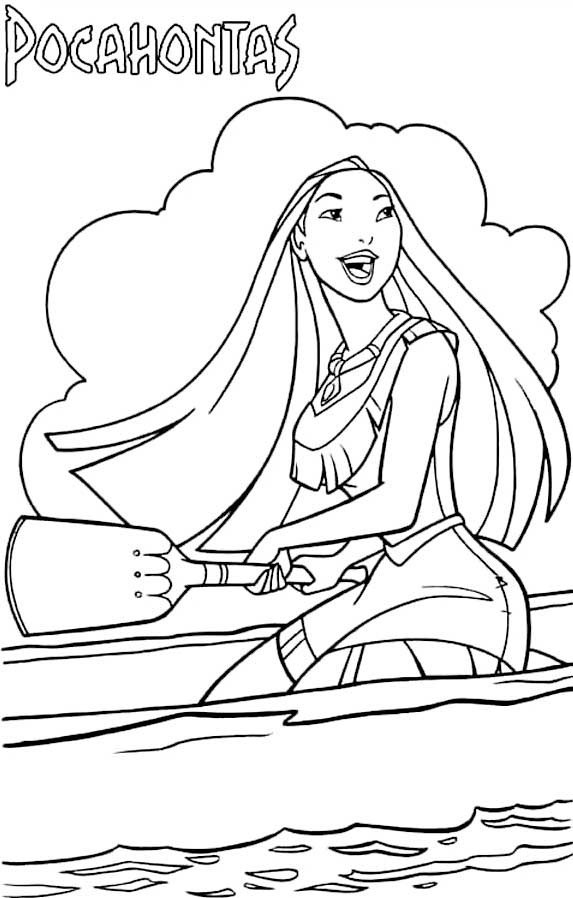 Coloriage de Pocahontas sur un canoe