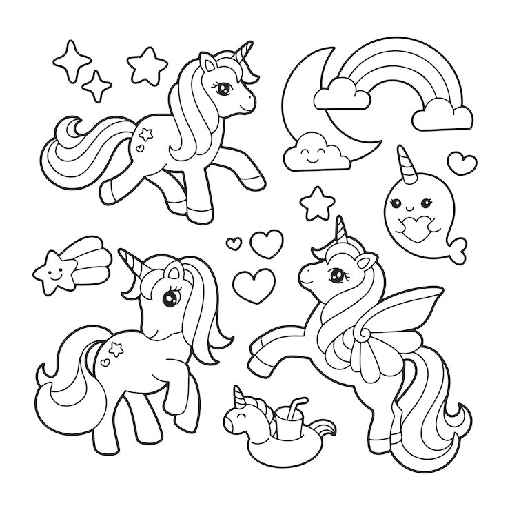 Coloriage de poneys et arc en ciel