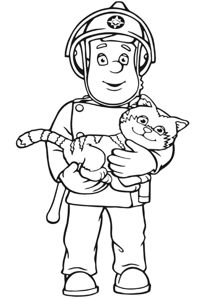 Coloriage de Sam le pompier et un chat