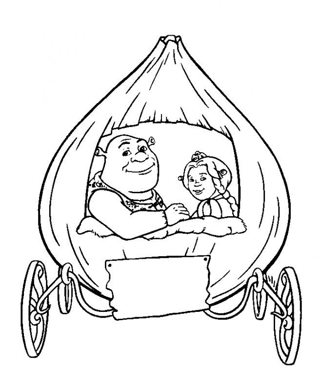 Coloriage de Shrek et Fiona dans leur carrosse