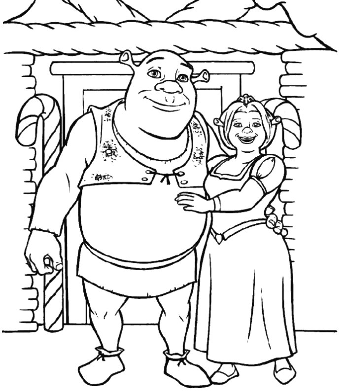 Coloriage de Shrek et Fiona devant leur maison