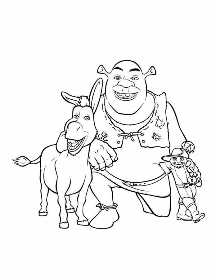 Coloriage de Shrek, l'Âne et le chat Potté