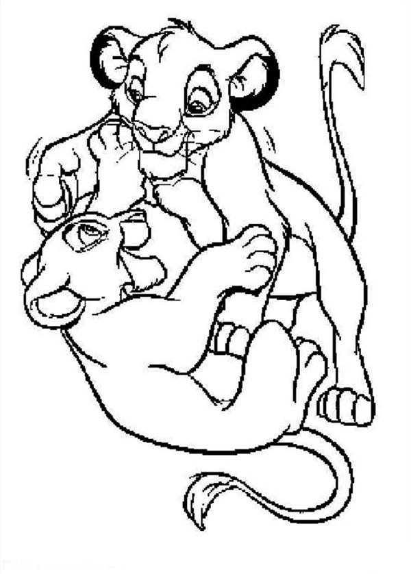 Coloriage de Simba et Nala qui jouent