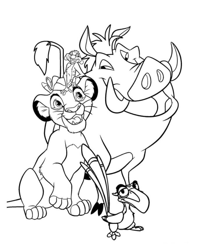 Coloriage de Simba, Zazu, Timon et Pumba