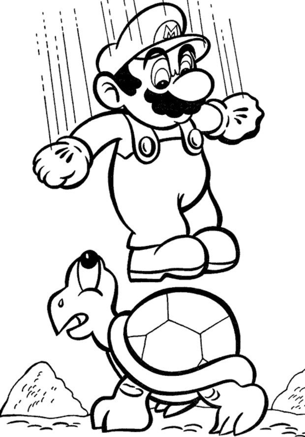Coloriage de Super Mario sur une tortue