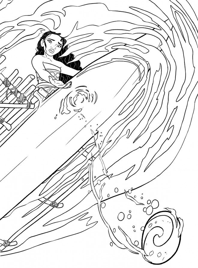 Coloriage de vaiana sur sa pirogue