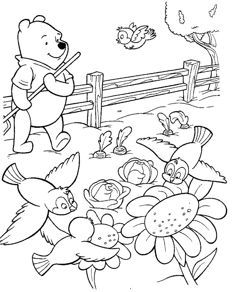 Coloriage de Winnie dans un jardin 