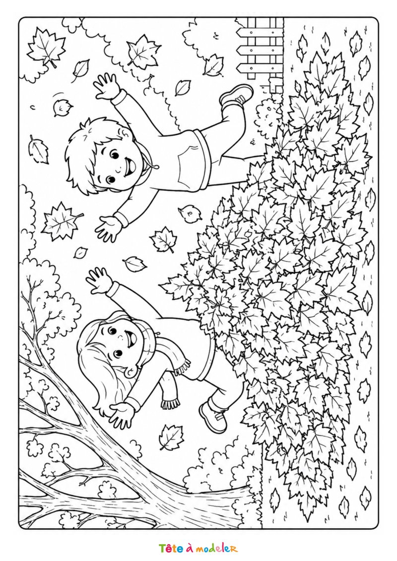 Coloriage d'enfants qui jouent dans les feuilles