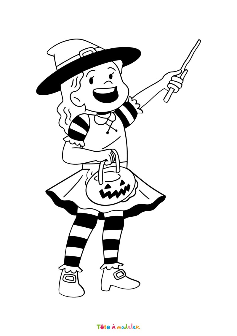 Coloriage d'une fille déguisée en sorcière