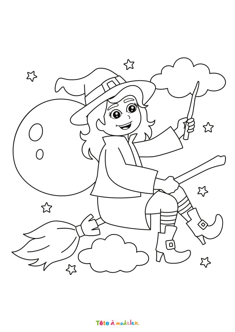 Coloriage d'une sorcière qui vole
