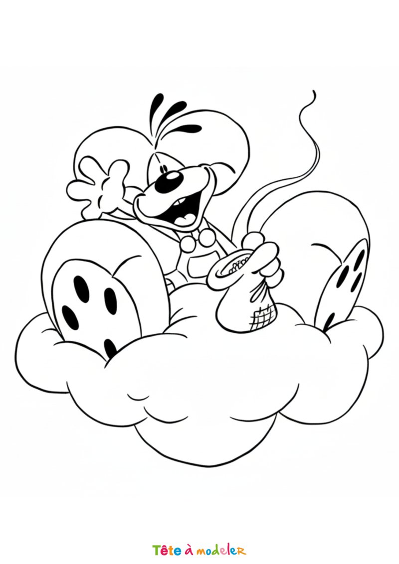 Coloriage Diddl sur un nuage