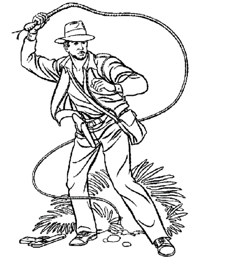 Coloriage d'Indiana Jones avec son fouet