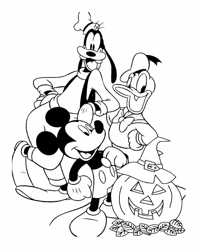 Coloriage Donald, Dingo et Mickey à Halloween