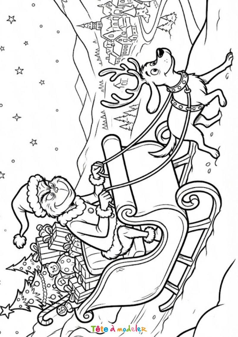 Coloriage du Grinch dans un traîneau