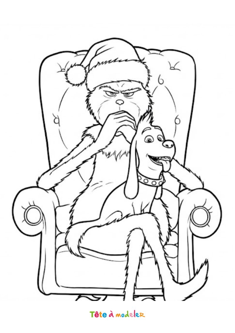 Coloriage du Grinch et Max sur un fauteuil