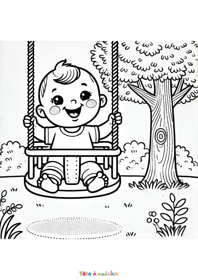 Coloriage d'un bééb sur une balançoire