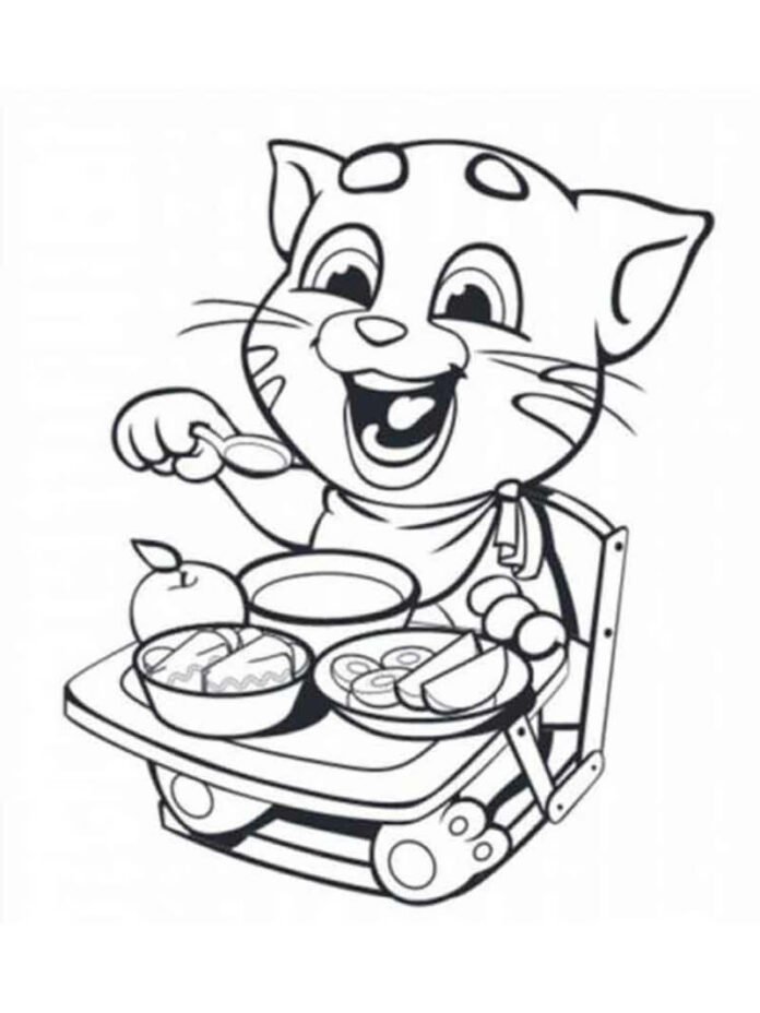 Coloriage d'un chaton qui mange