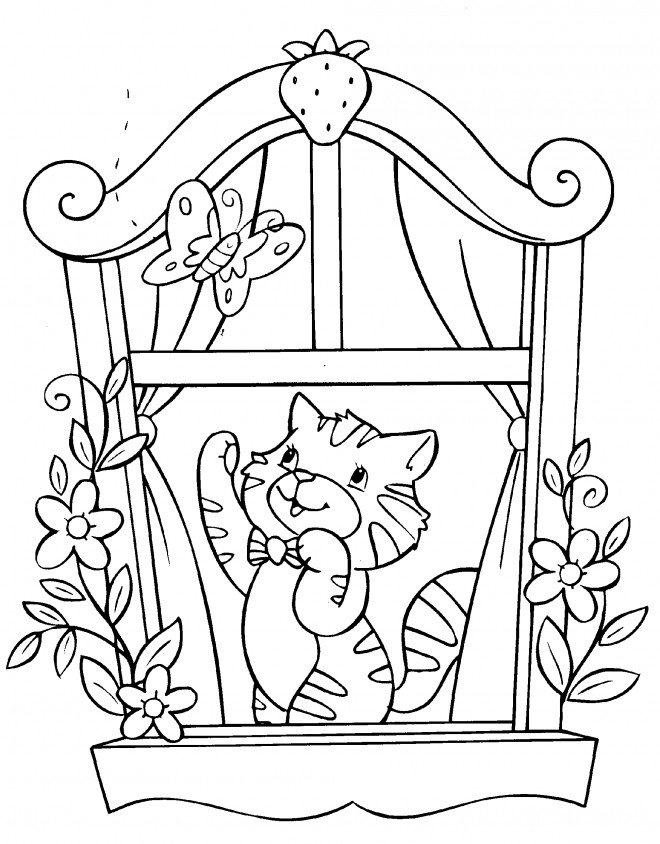 Coloriage d'un chaton sur la fenêtre