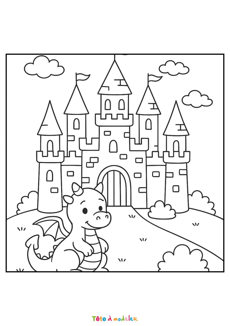 Coloriage d'un château de princesse avec un dragon