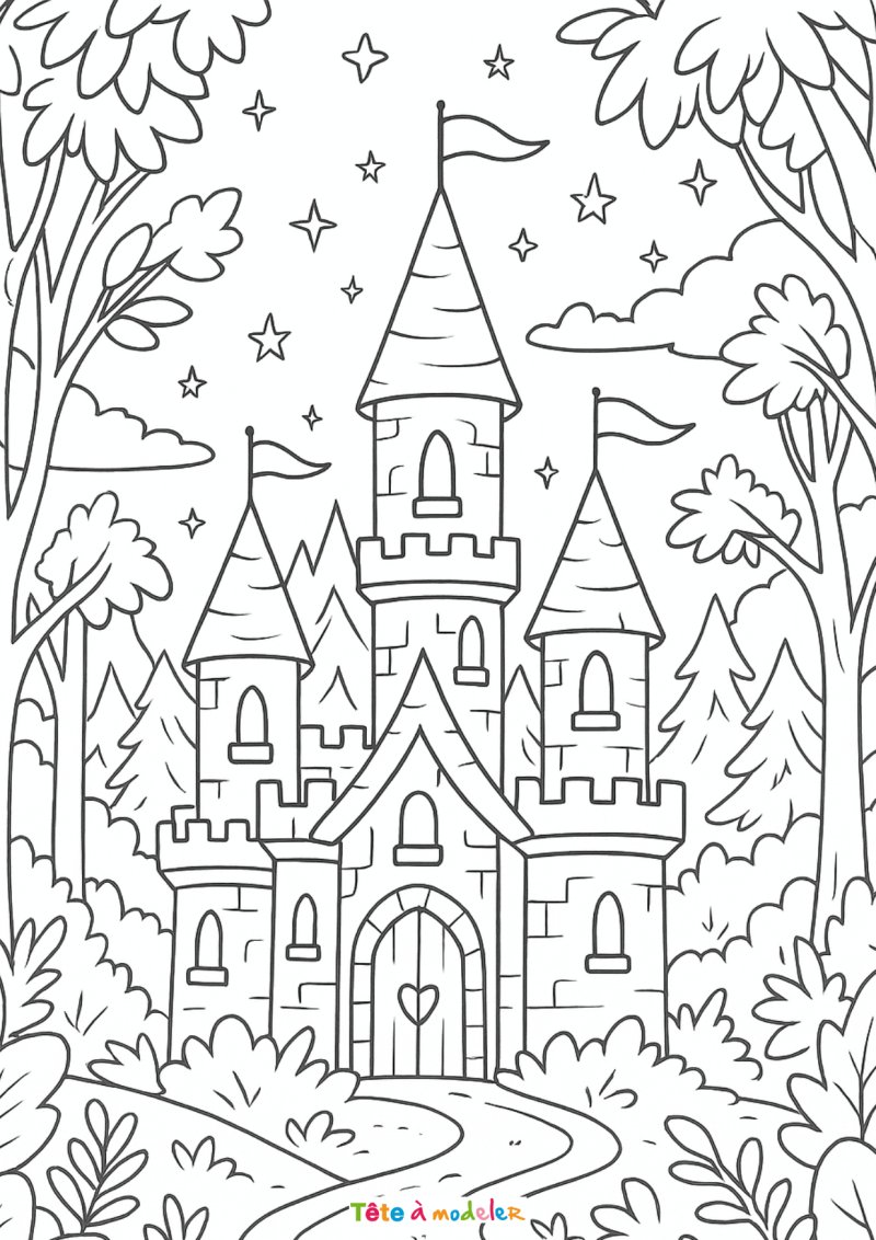 Coloriage d'un château de princesse dans la forêt