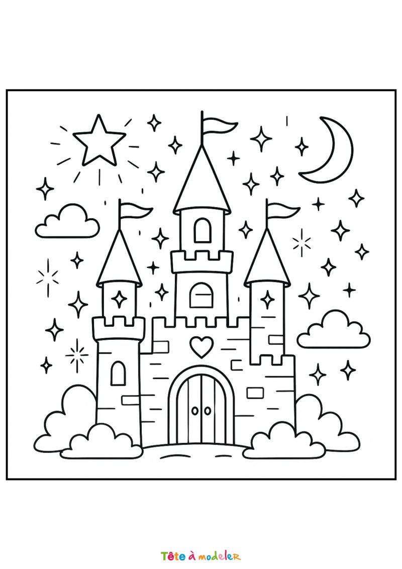 Coloriage d'un château de princesse dans la nuit