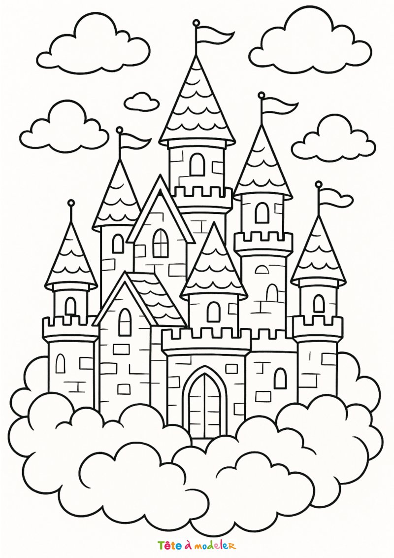 Coloriage d'un château de princesse dans les nuages