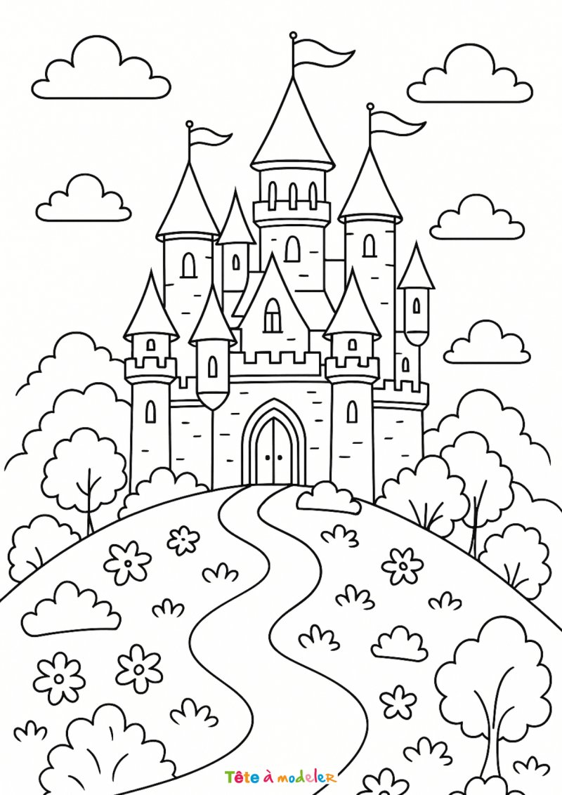 Coloriage d'un château de princesse sur une coline