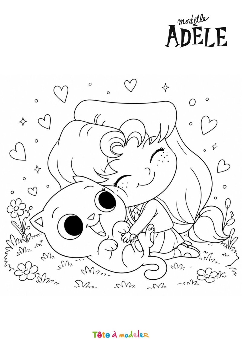 Coloriage d'un câlin entre Mortelle Adèle et Ajax