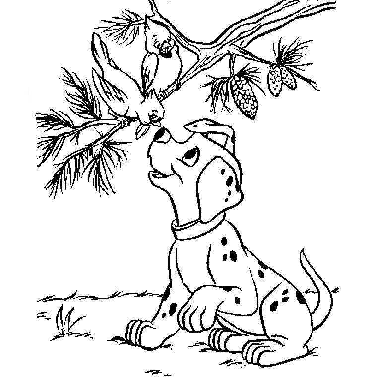 Coloriage d'un dalmatien avec un oiseau
