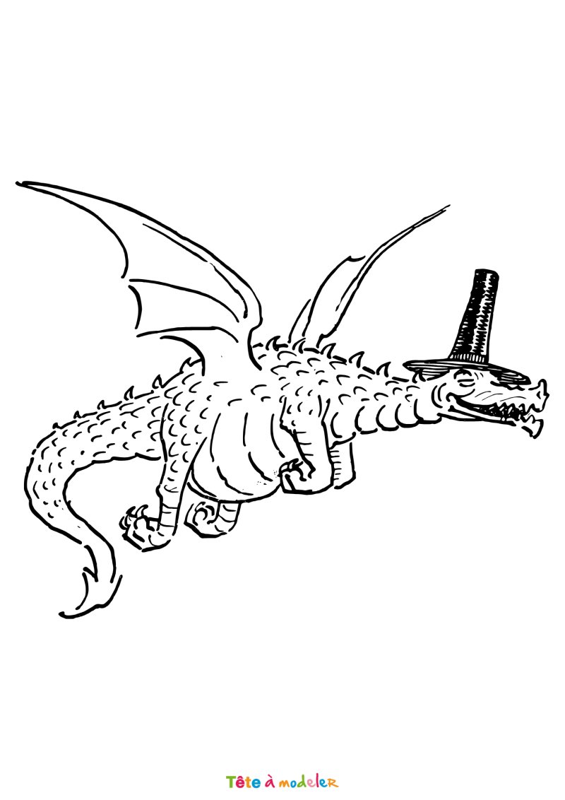 Coloriage d'un dragon avec un chapeau